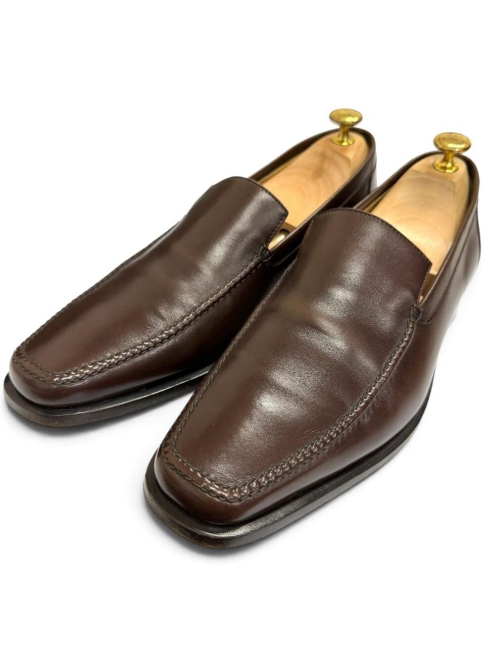 Hermes Leather Knob Mocha Stitch Flat Shoes Moccasin Loafers Brown